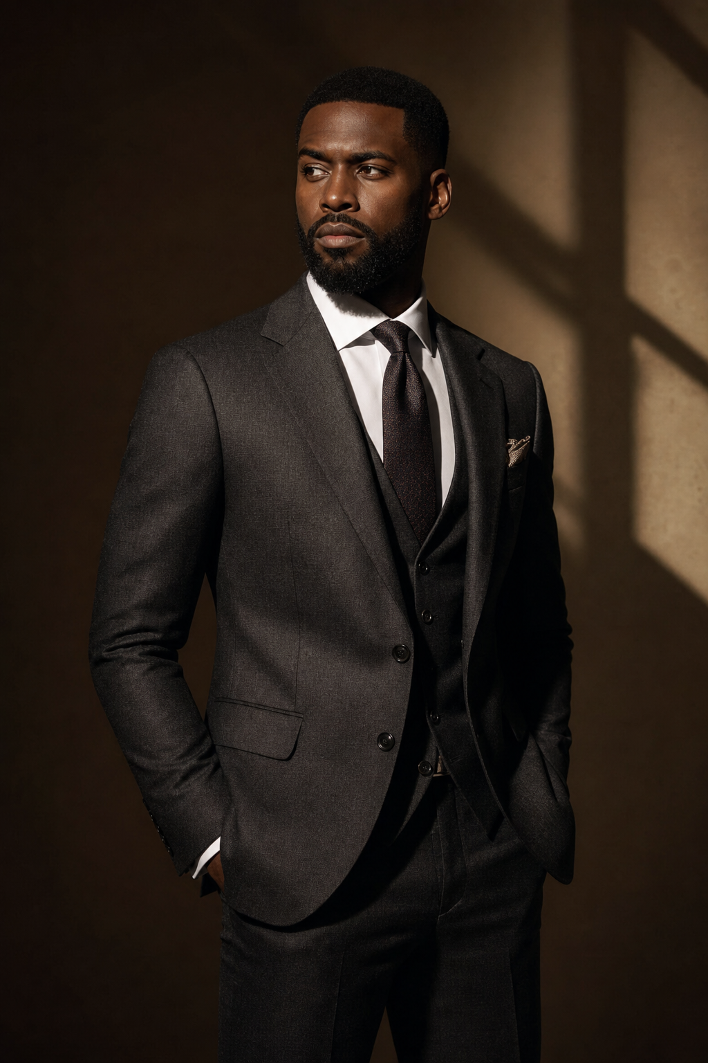 After: same professional in a perfectly tailored charcoal bespoke suit, commanding and polished