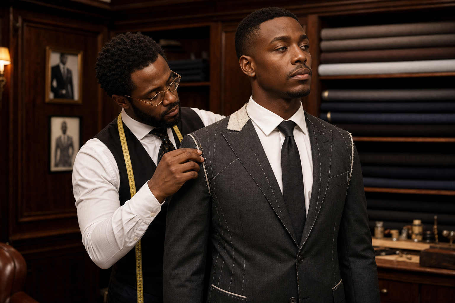 Black tailor fitting a bespoke charcoal suit on a client in a luxury atelier