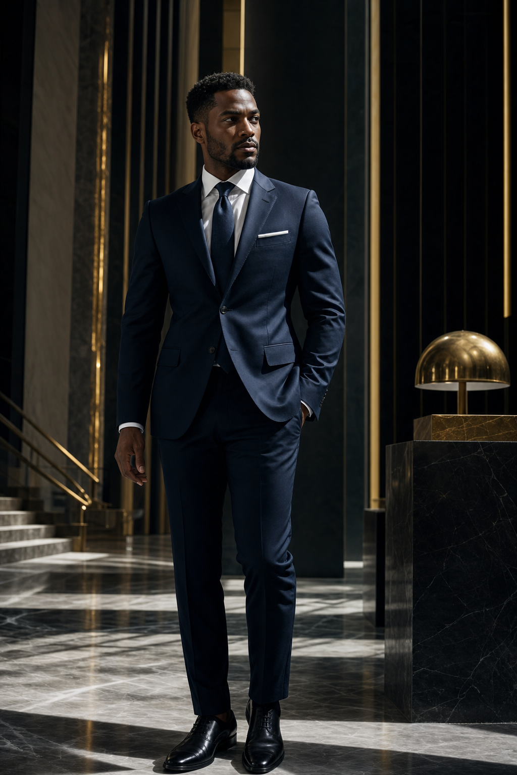 Black male professional in a bespoke navy suit standing in a luxury marble atrium