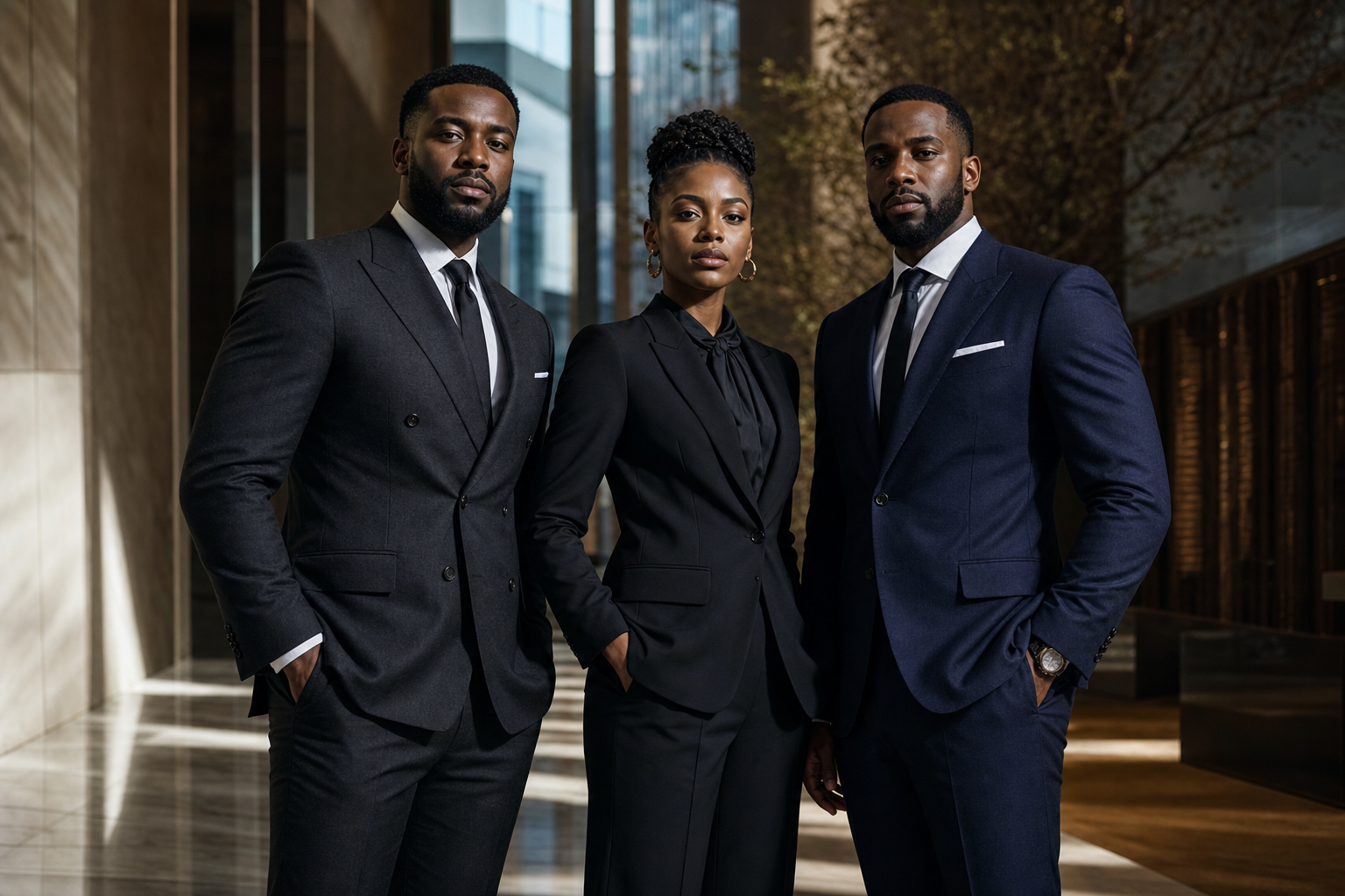 Three Black professionals in impeccably tailored suits standing in a modern atrium — the D. Sivad consulting team